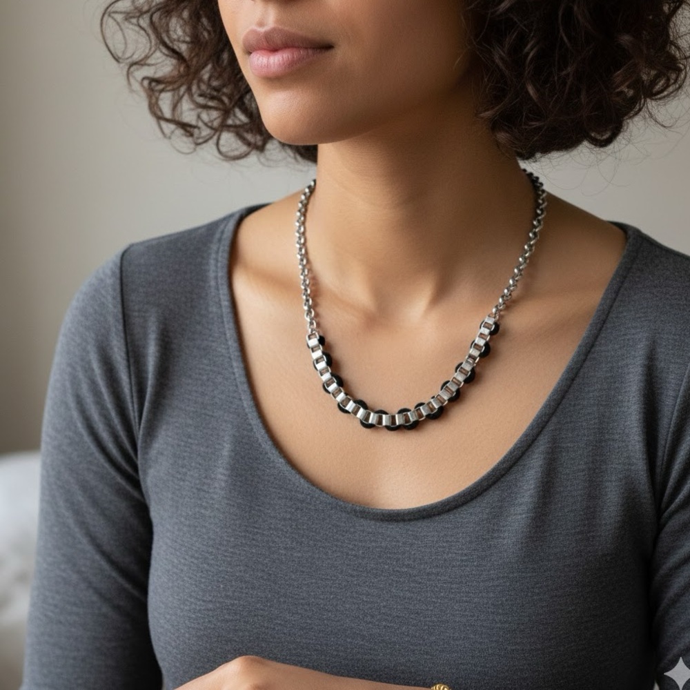 Unique Unisex Stainless Steel  & Woven Black Velvet Statement Chain